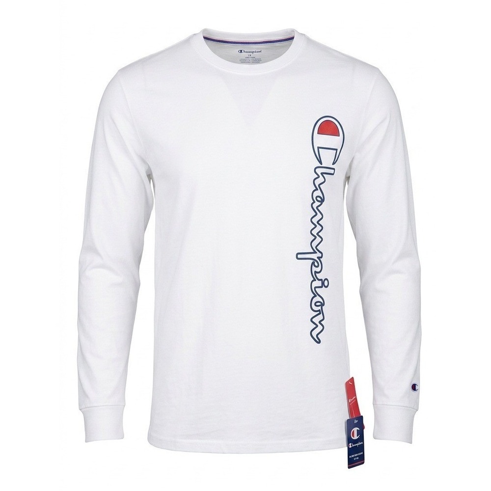 Champion Mens White Long Sleeve Sleep Shirt Vertical Script Logo Large NEW